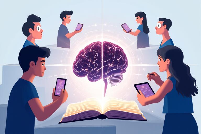 AIが教育をパーソナライズする様子、生徒と教師がインタラクティブなデジタルコンテンツに engaging している