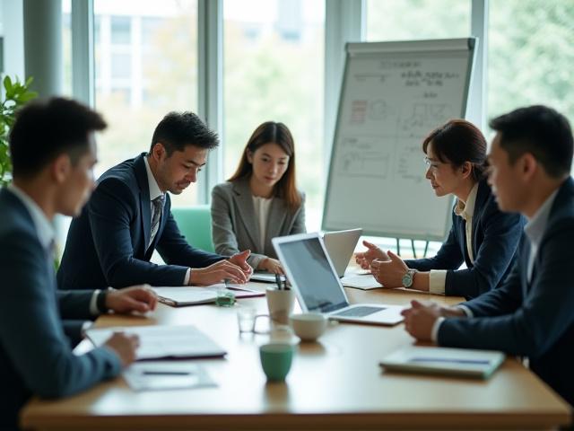 チームがオフィスで戦略的な会話をしている様子